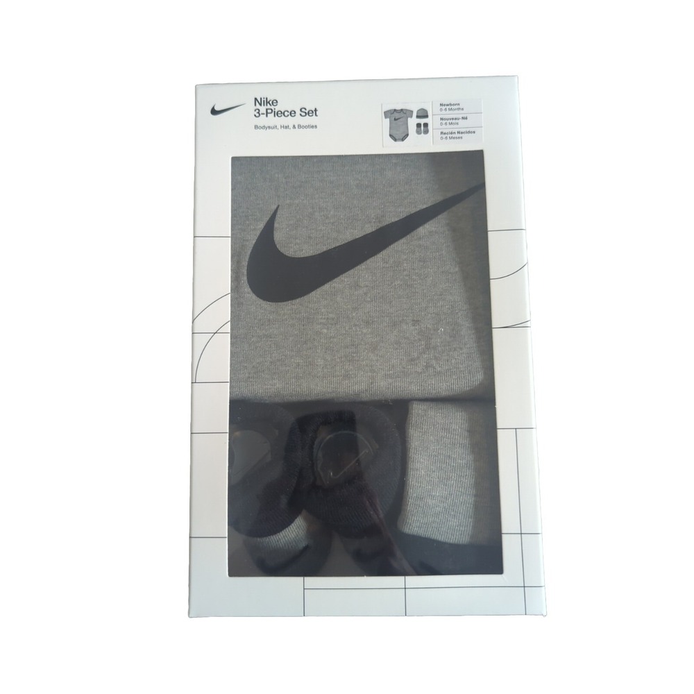 3 Piece Nike Baby Outfit, 0-6 Months Booties Hat Gray Black Unisex